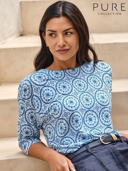 Blue - Pure Collection Linen 3/4 Sleeve Top