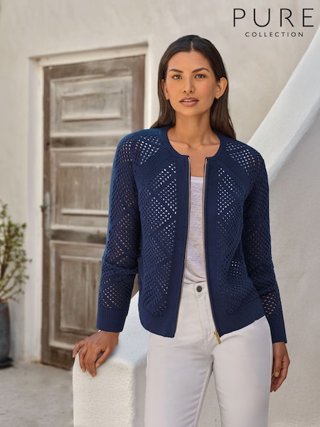 Blue - Pure Collection Cotton Mesh Zip Cardigan