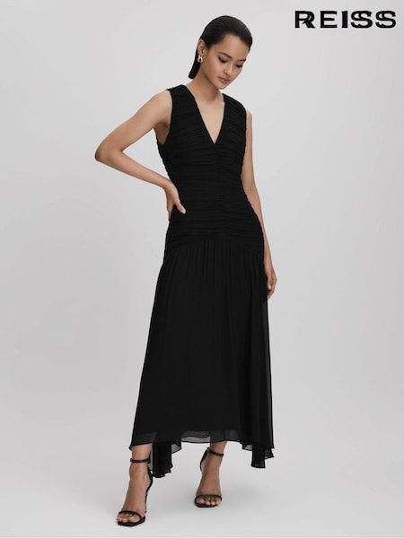 Reiss Black Saffy Ruched Bodycon Midi Dress (515948) | 1,970 QAR