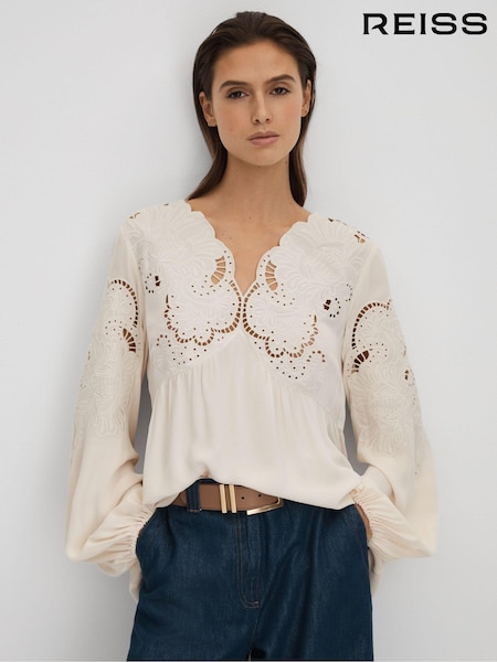 Reiss Cream Noa Lace Cut-Out Blouse (515967) | AED1,282