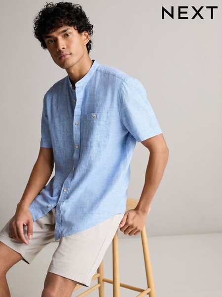 Albastru - Linen Blend Short Sleeve 100% Cotton Oxford Shirt (517386) | 111 LEI