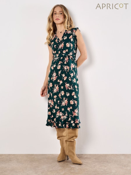 Green - Apricot Painterly Floral Midi Dress