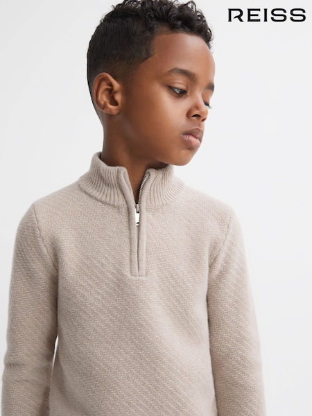 Reiss Oatmeal Melange Tempo Junior Slim Fit Knitted Half-Zip Funnel Neck Jumper (518139) | AED274
