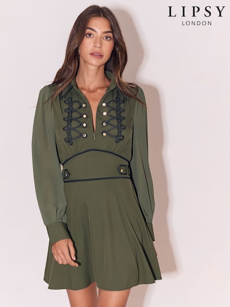 Khaki Green - Lipsy Frogging Detail Collared Military Mini Dress