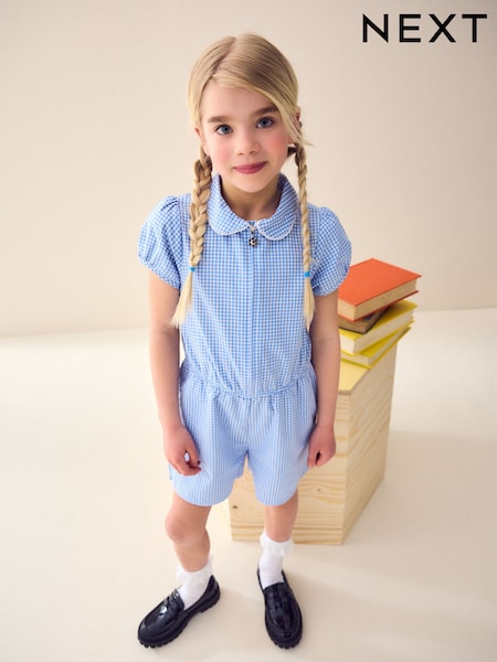 Blue Zip Front Cotton Rich Gingham School Playsuit (3-14yrs) (519689) | AED41 - AED66