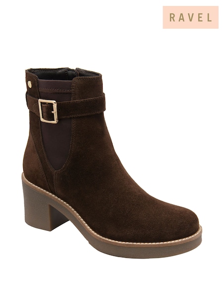 Brun - Ravel Suede Leather Ankle Boots With A Strap And Buckle On A Block Heel