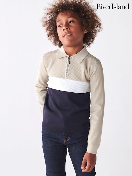 River Island Blue Boys 100% Cotton Blocked Stitch Polo Jumper (520893) | €10 - €14