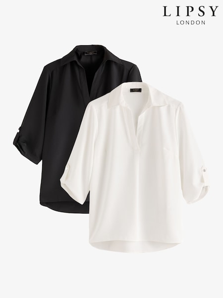 Black/White - Lipsy V-neck 3/4 Sleeve Collared Blouses 2 Pack