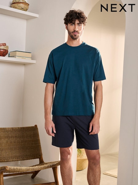 Navy Blue Relaxed Fit 100% Cotton Jersey Pyjama Shorts Set (522400) | €13