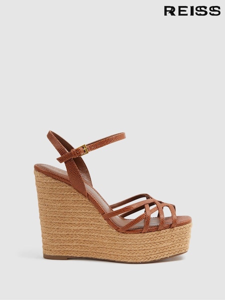 Reiss Tan Elle Leather Raffia Platform Wedge Heels (522531) | € 221