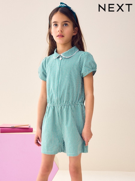 Green Zip Front Cotton Rich Gingham School Playsuit (3-14yrs) (522647) | AED41 - AED66