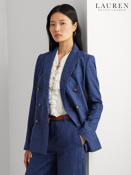 Lauren Ralph Lauren Blue Ryen Pinstripe Double Breasted Linen Blazer (522675) | €217