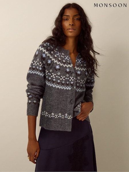 Γκρι - Monsoon Fleur Floral Fair Isle Crew Neck Cardigan