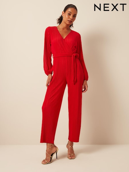 Red Long Sleeve Plissé Jumpsuit (523512) | €17