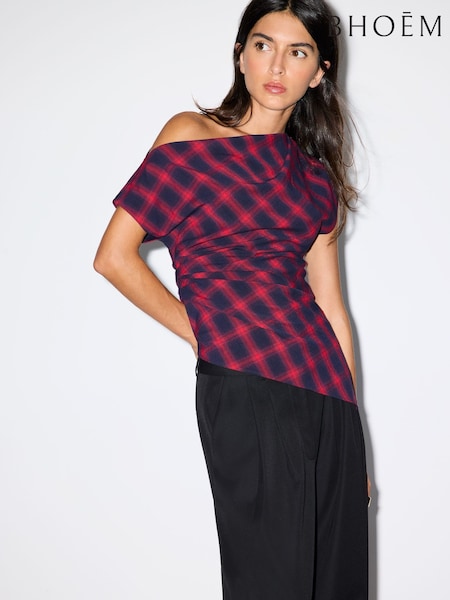 Red - Draped Asymmetrical Plaid Wrap Top
