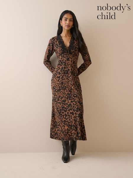 Marrón - Nobodys Child Lace Trim Long Sleeve Aida Midi Dress