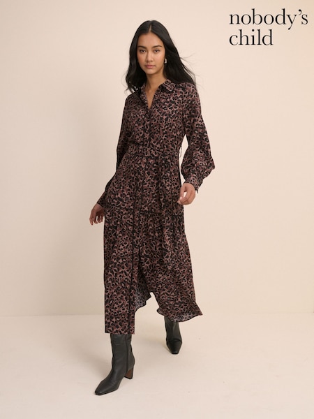 Brown - Nobodys Child Leopard Print Brooklyn Shirt Midi Dress