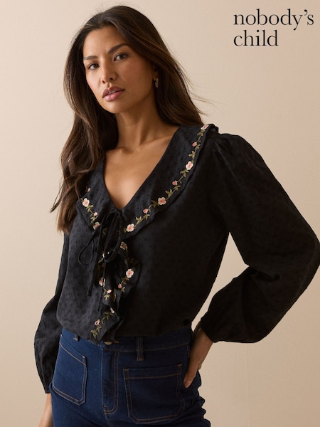 Black - Nobodys Child Embroidered Floral Ruffle Trim Top
