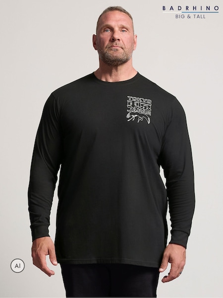 Svart - Long Badrhino Big & Tall Tokyo Print Long Sleeve T-shirt