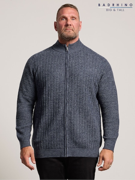 Blue - Regular Badrhino Big & Tall Full Zip Knitted Jumper
