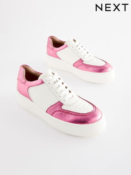 White/Pink Signature Leather Retro Chunky Wedge Platform Trainers (526108) | €24