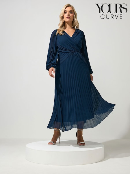 Blue - Yours Curve London Pleated Long Sleeve Dress