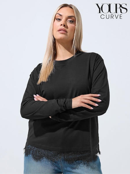 Black - Yours Curve Limited Lace Hem Long Sleeve T-shirt