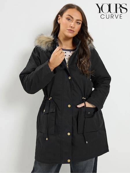 블랙 - Yours Curve Faux Fur Parka Coat
