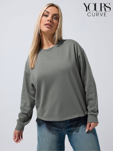 Grey - Yours Curve Limited Lace Hem Long Sleeve T-shirt