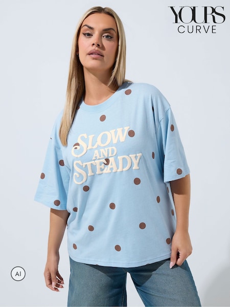 أزرق - Yours Curve Limited Slow & Steady Polka Dot T-shirt
