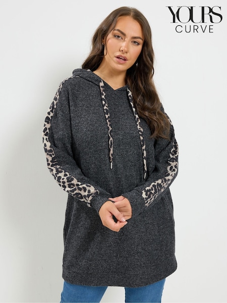 Grey - Yours Curve Leopard Print Hoodie