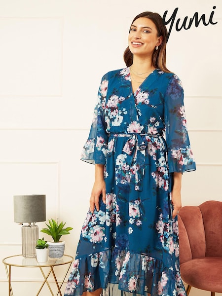 Yumi Blue Watercolour Floral Dip Hem Midi Dress (527043) | €41