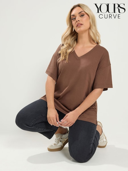 Brown - Yours Curve V-neckline Longline T-shirt