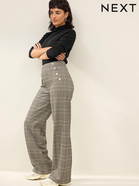 Neutral Checkered Ponte Button Wide Leg Trousers (527204) | €22.50