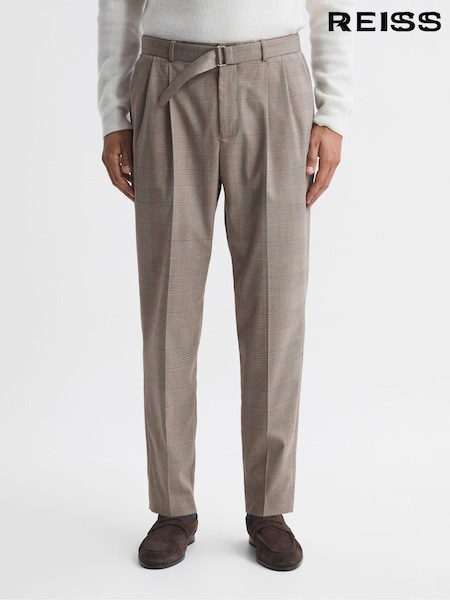Reiss Brown Rail Prince of Wales Check Belted Trousers (527355) | €195
