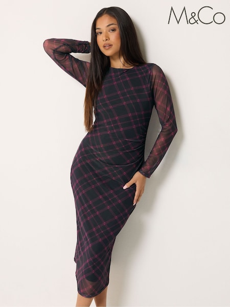 Purple - M&co Petite Check Mesh Long Sleeve Dress