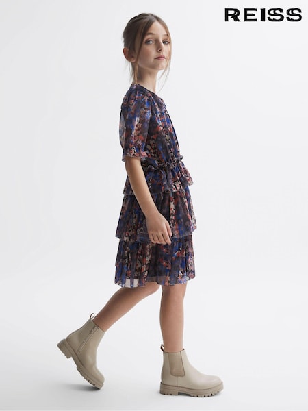 Reiss Navy Print Henrietta 9-12 yrs Printed Tiered Dress (528729) | 470 QAR