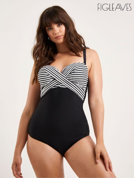 Figleaves Stripe Tailor Twist Underwired Bandeau Tummy Control Black Swimsuit- Longer Length (528978) | 168 LEI