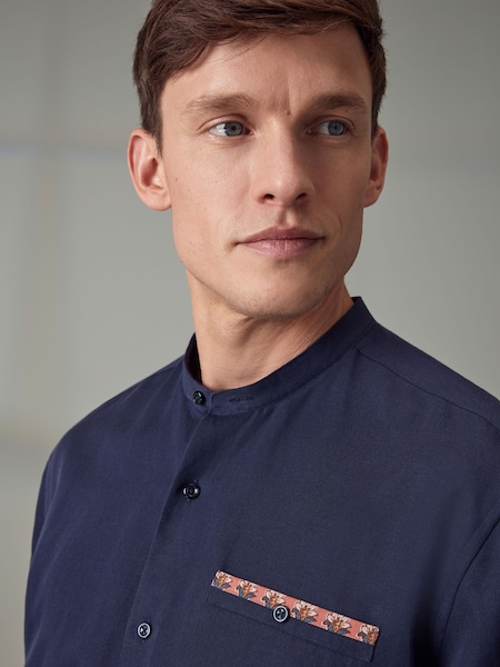 Blue Grandad Collar Regular Fit Trimmed Linen Blend Short Sleeve Shirt (529618) | €25
