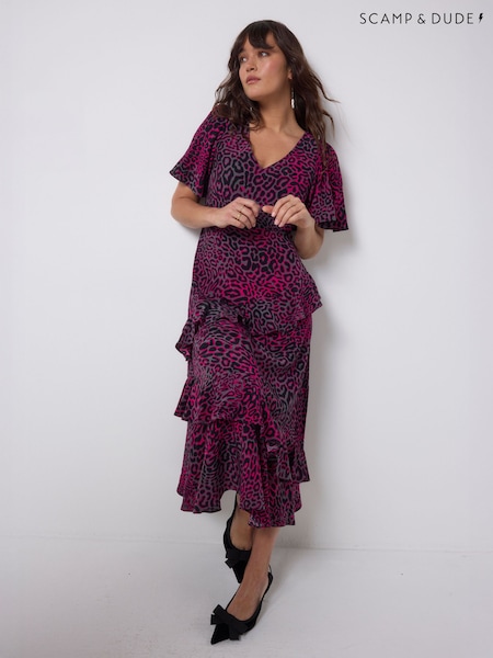 Grey - Scamp & Dude Leopard Ray Midi Dress With Ruffle Detail