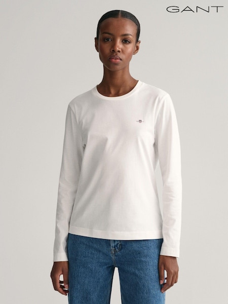 GANT White Original Shield Long Sleeve 100% Cotton T-Shirt (529902) | €72