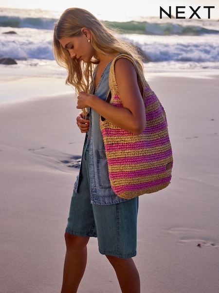 Różowy w paski - Straw Shoulder Bag (530559) | 90 zł