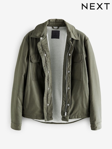 Khaki Green Borg Lined Collared Shacket (530645) | $106