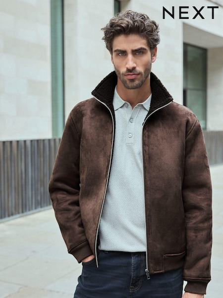 Brown Faux Suede Borg Lined Zip Up Funnel Jacket (530664) | €40