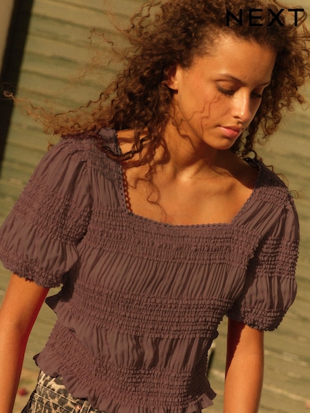 Chocolate Brown Short Sleeve Smock Tie Back Top (530806) | €19.50