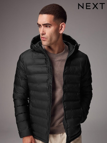 Black Shower Resistant Rubberised Hooded Puffer Coat (530927) | €37
