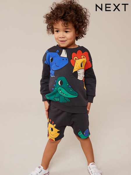 Ogleno siva z živalskim vzorcem - Jersey 100% Cotton Crew Neck Sweatshirt and Short Set (3mths-7yrs) (531192) | € 13 - € 16