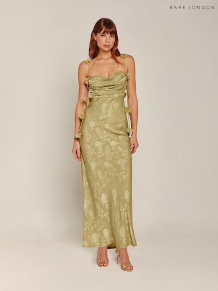 Green - Rare London Petal Strap Satin Jacquard Maxi Dress