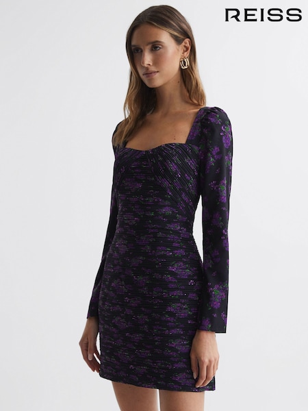 Reiss Hydrangea Berry Giulia Amur Pleated Floral Bodycon Mini Dress (531344) | €740