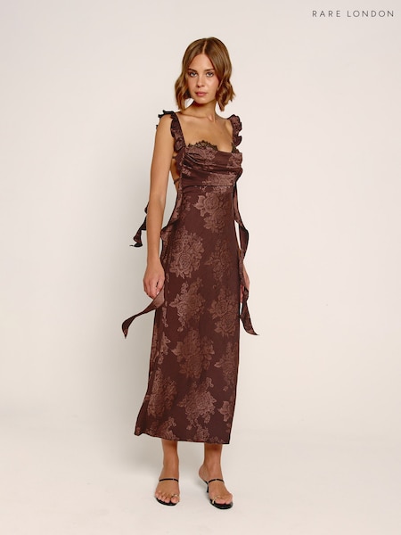Brown - Rare London Satin Jacquard Cup Maxi Dress